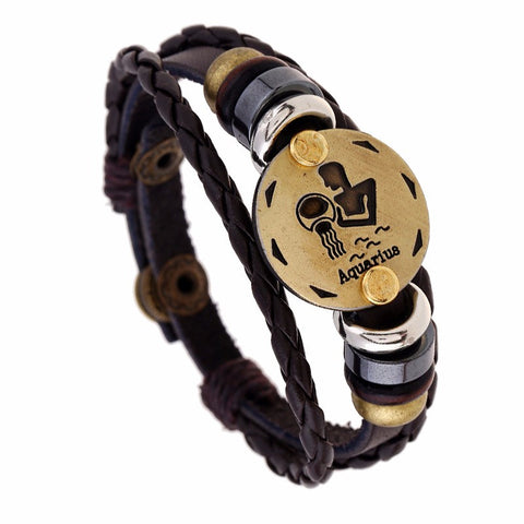 Aquarius, Zodiac Bracelet Handmade Leather Charm Bra